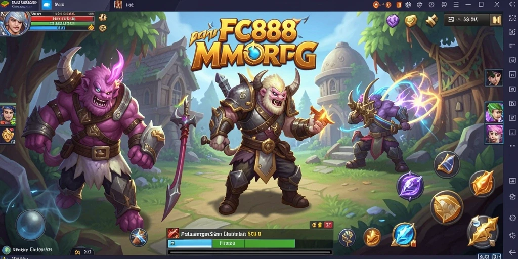 Tangkapan layar gameplay FC888 yang menunjukkan pertarungan seru antara karakter di dunia fantasi.