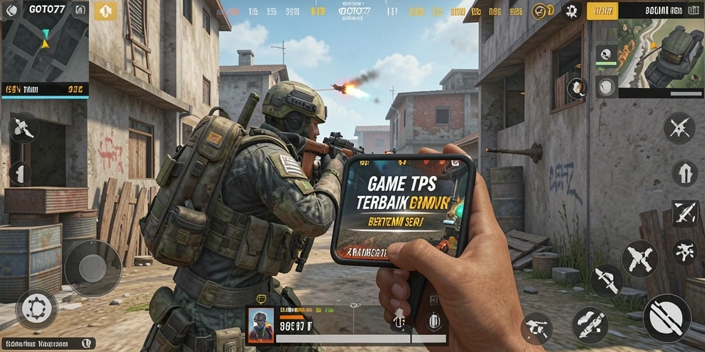 Screenshot GOTO77 menampilkan aksi pertempuran yang intens di medan perang TPS.